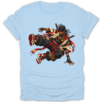 Dynamic illustration of a swordsman in mid-air, on a light blue t-shirt.