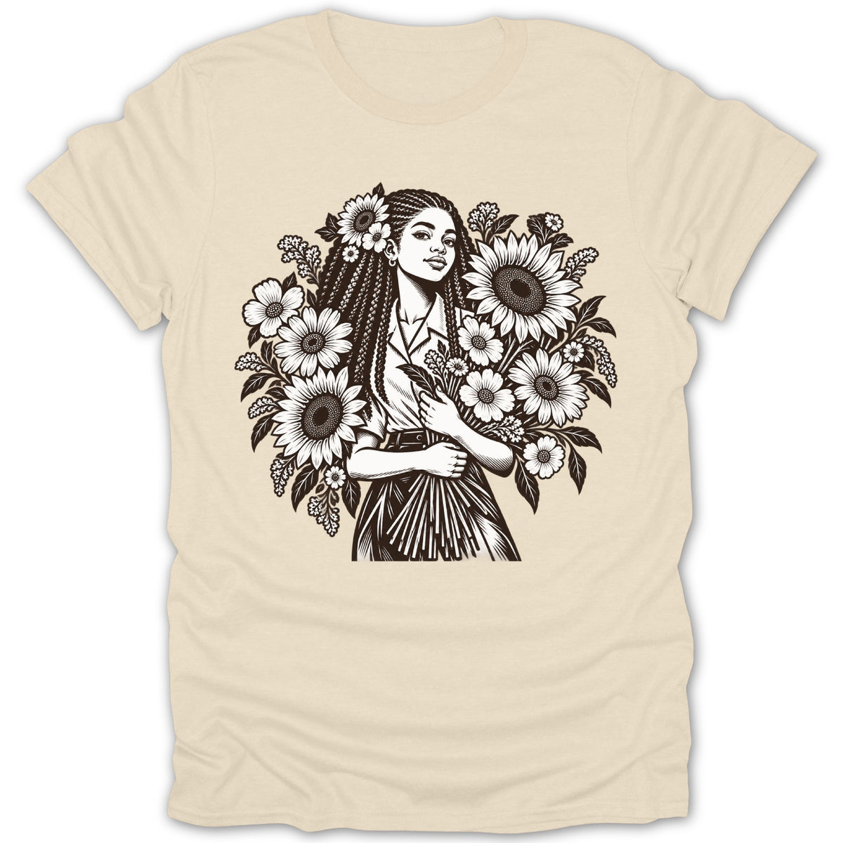 Black and white illustration of a woman with braided hair holding flowers, surrounded by sunflowers.