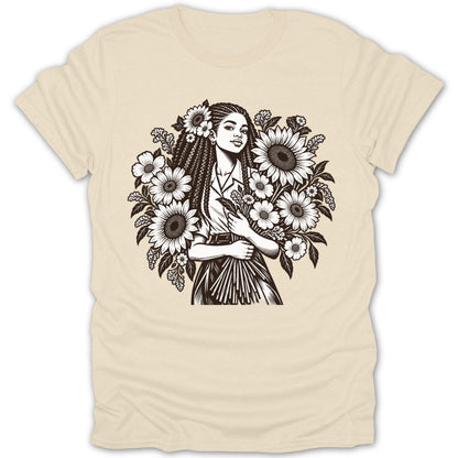 Black and white illustration of a woman with braided hair holding flowers, surrounded by sunflowers.