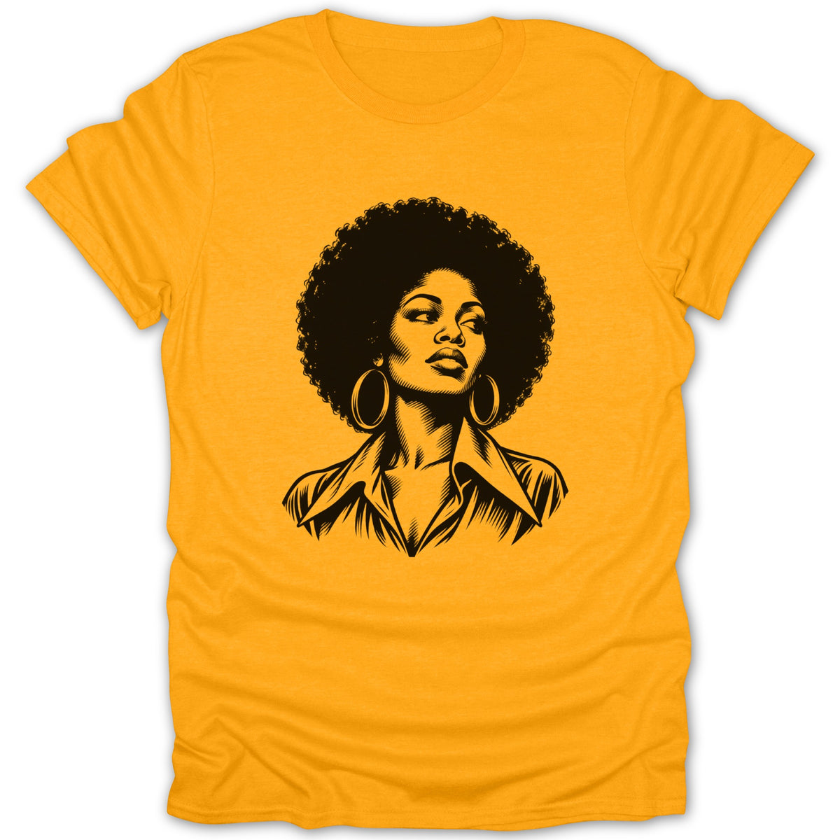 Bright yellow t-shirt featuring a black graphic illustration of a woman with an afro and hoop earrings.