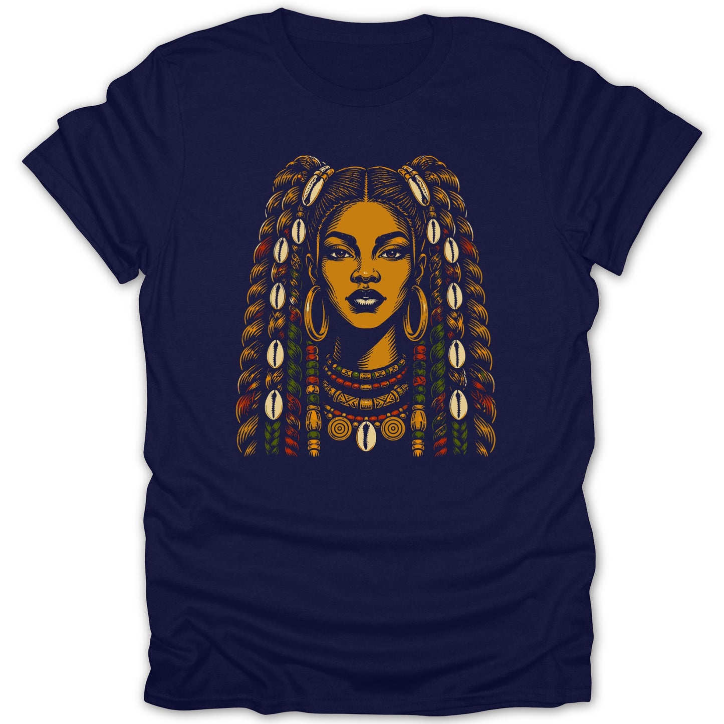 Illustration of a woman with elaborate braids and shell jewelry on a navy t-shirt.