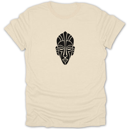 A cream-colored short-sleeved t-shirt featuring a centered black graphic of a stylized tribal mask.