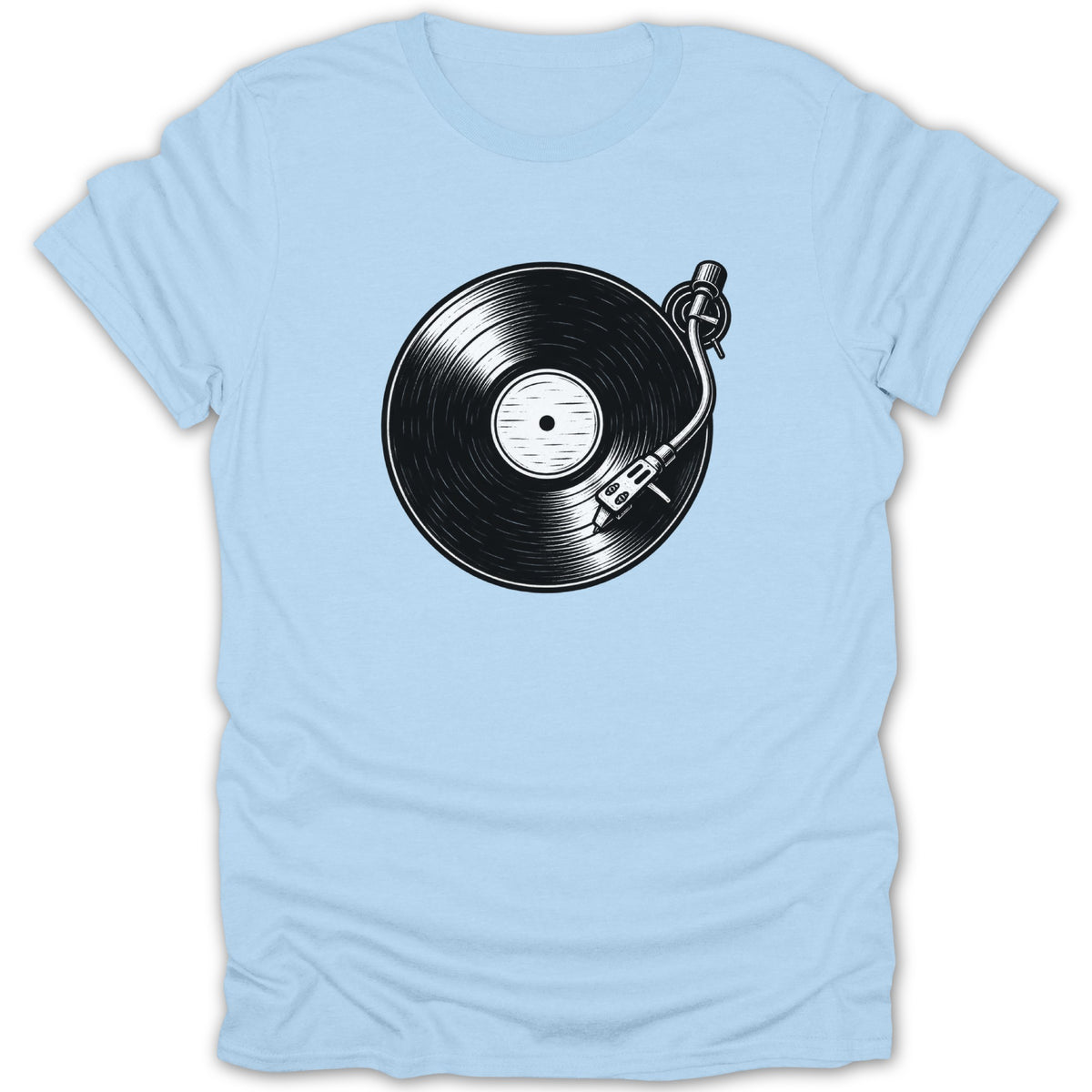 Light blue t-shirt with a black and white vinyl record and turntable graphic.