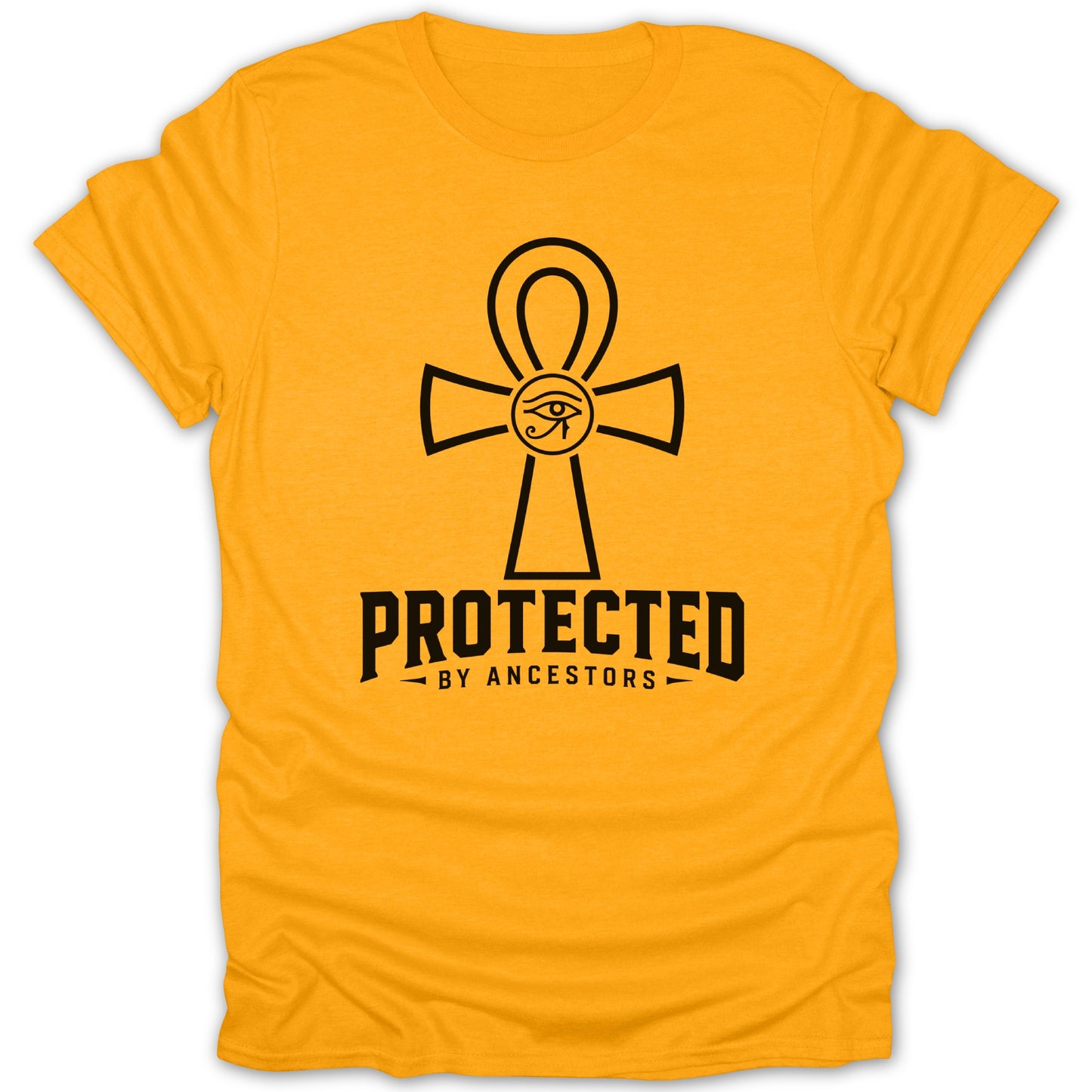 Yellow t-shirt with black ankh symbol and "PROTECTED BY ANCESTORS" text.