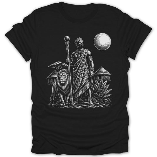 King with lion, staff, and village under a textured moon.