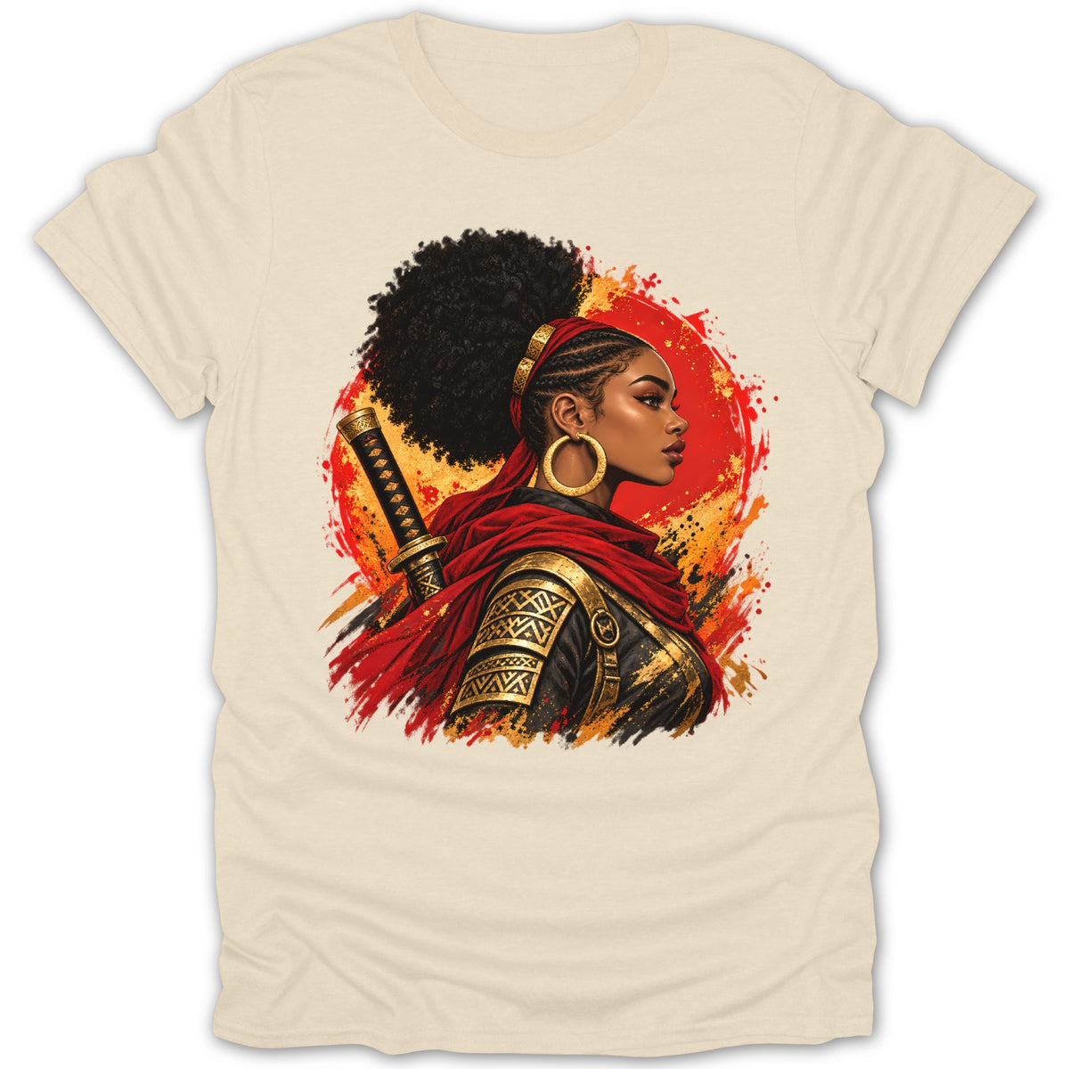 Illustration of a Black woman warrior with sword and golden armor on a cream shirt.