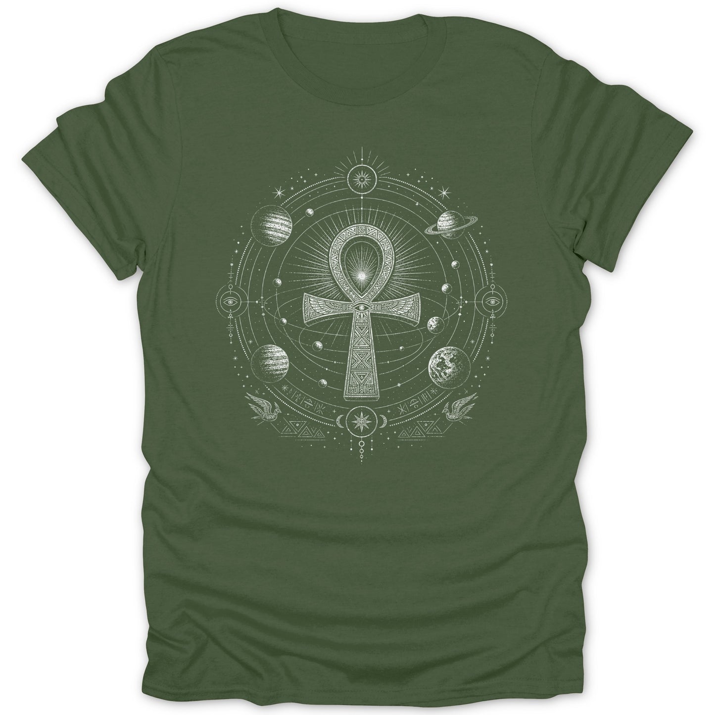 Green t-shirt with white ankh symbol surrounded by planets and cosmic design.