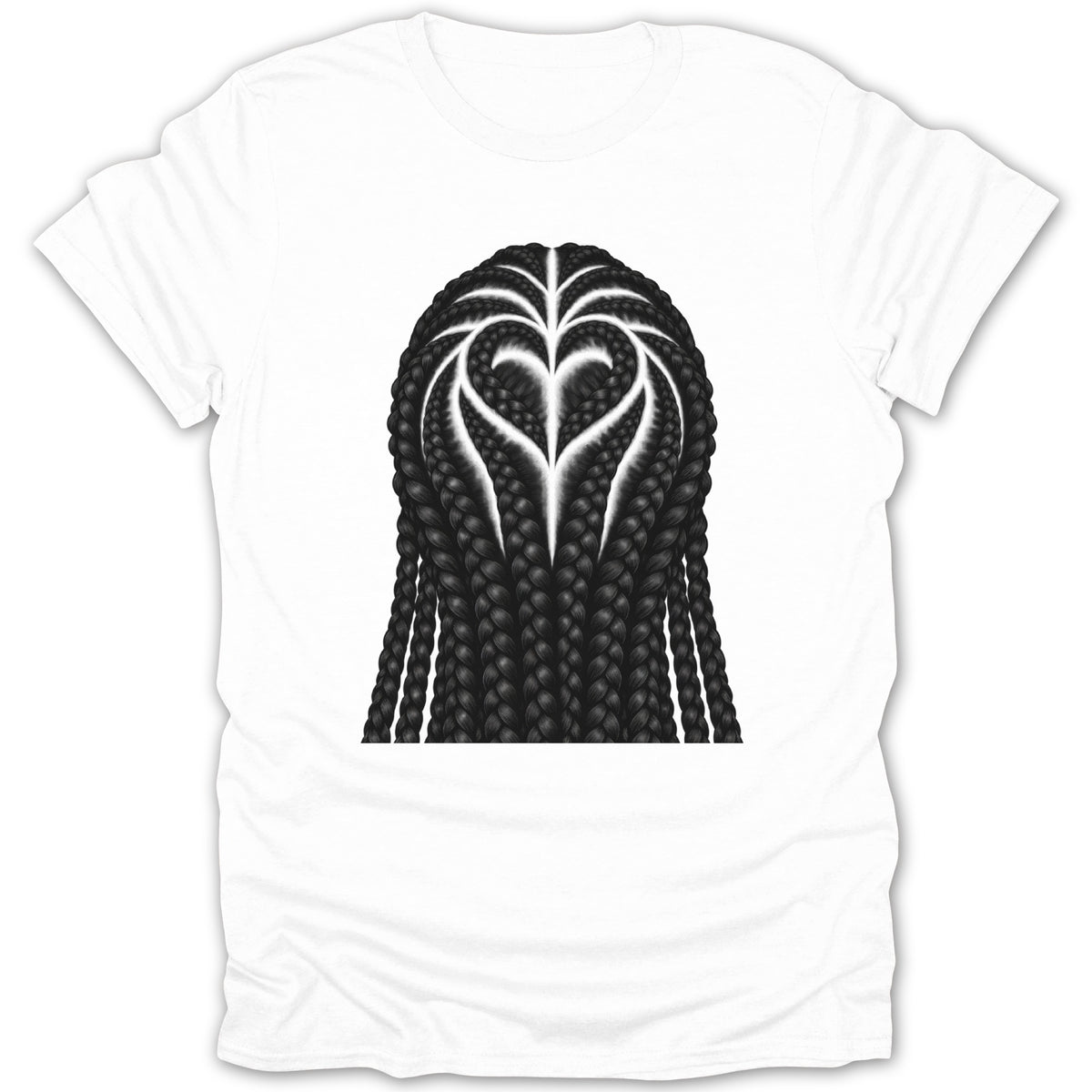 White t-shirt with a graphic of black braided hair forming a heart shape.