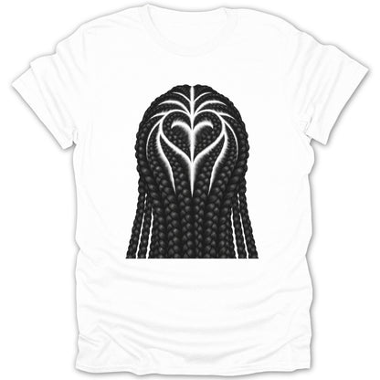 White t-shirt with a graphic of black braided hair forming a heart shape.