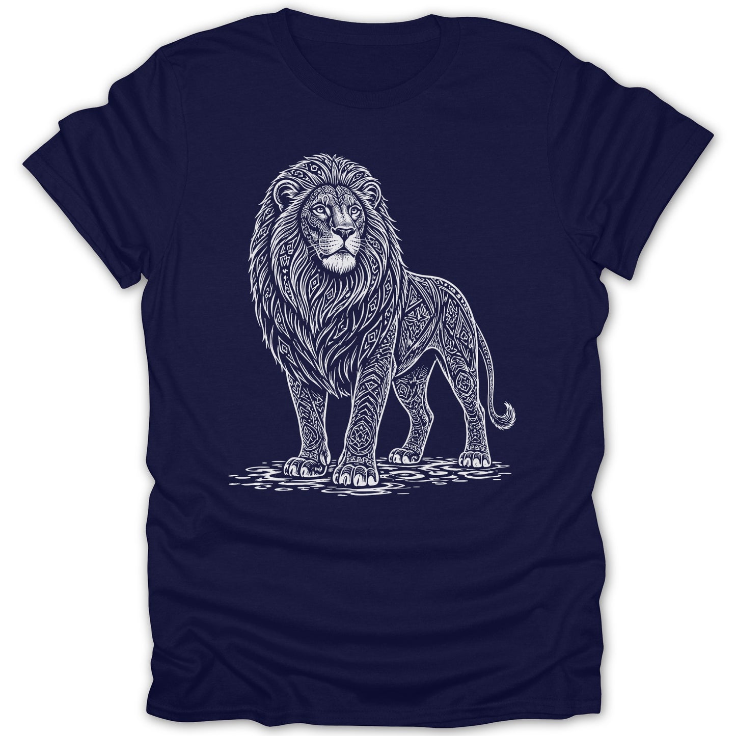 Navy t-shirt with a white ornamental lion graphic standing on wavy lines.