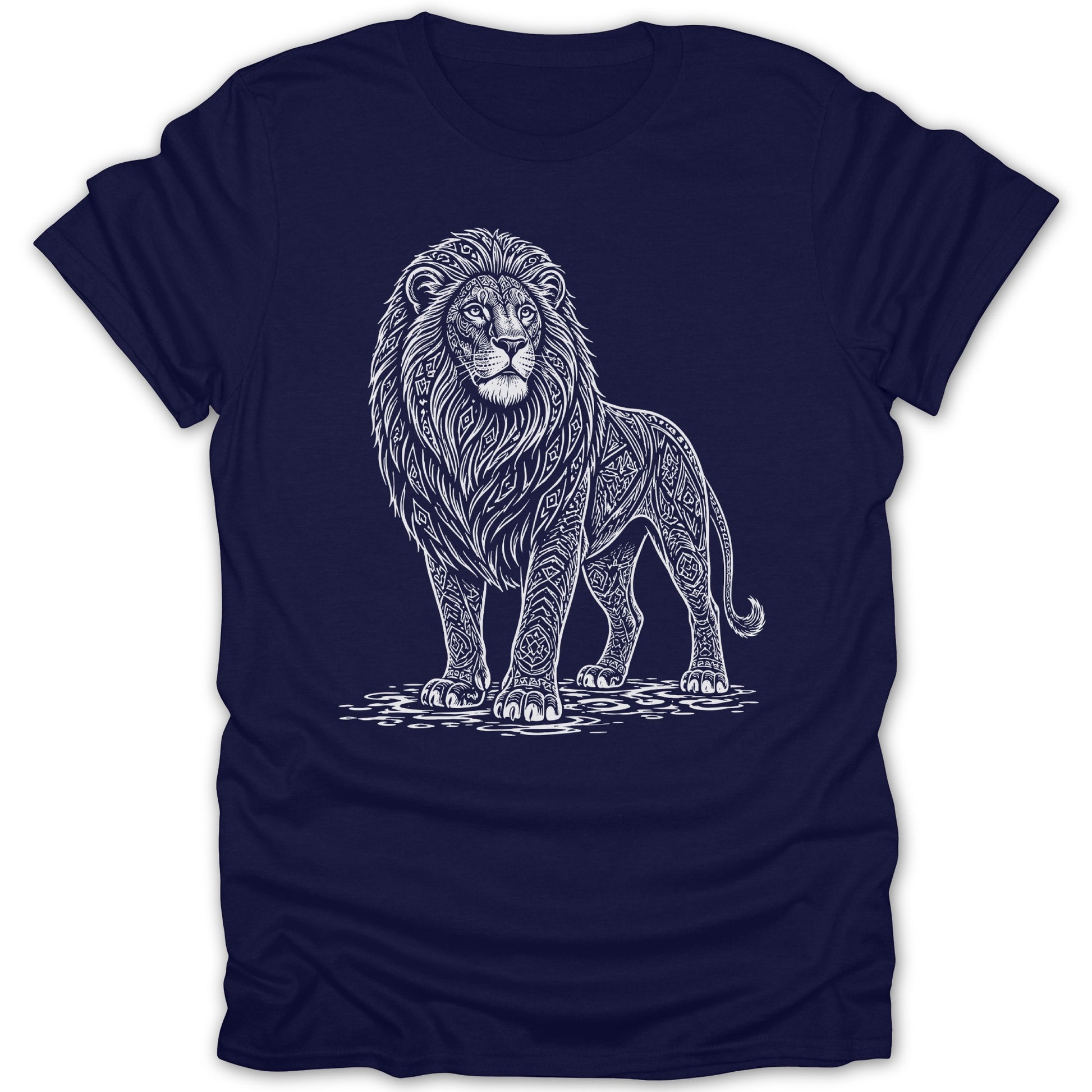 Navy t-shirt with a white ornamental lion graphic standing on wavy lines.