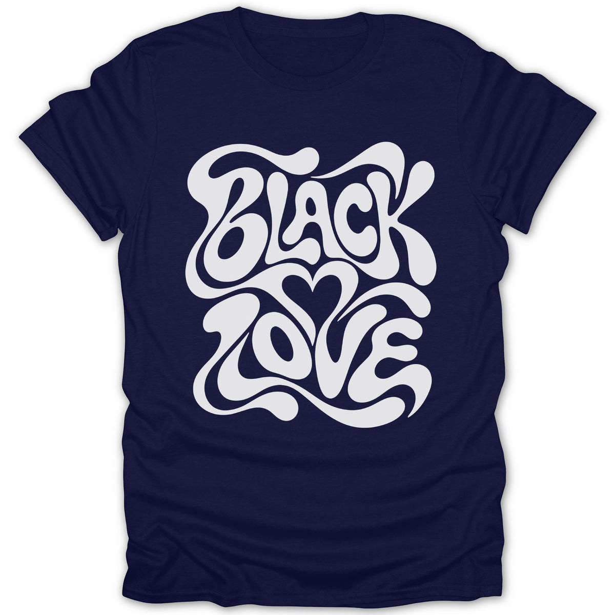 Navy t-shirt with white "BLACK LOVE" text in a groovy, wavy font.