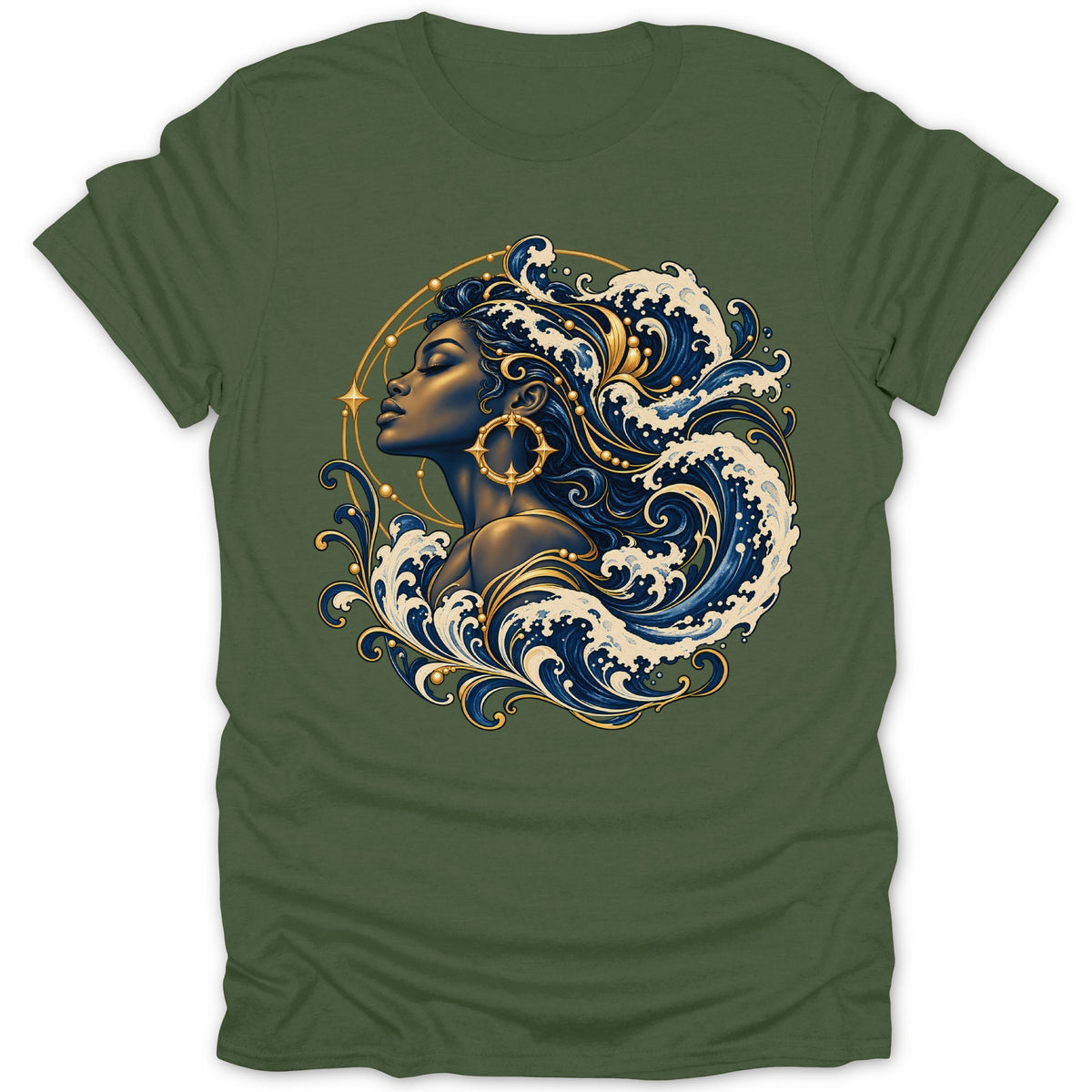 Woman with flowing hair made of waves and gold accents on green t-shirt.