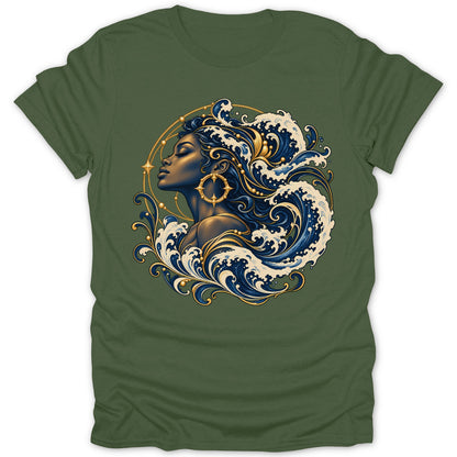 Woman with flowing hair made of waves and gold accents on green t-shirt.