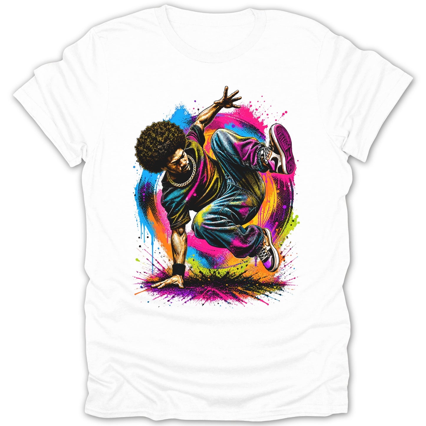 Breakdancer with afro and colorful paint splatters on white t-shirt.
