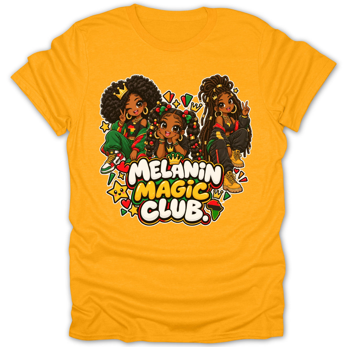 Three girls with crowns and African-inspired hairstyles with "Melanin Magic Club" text.