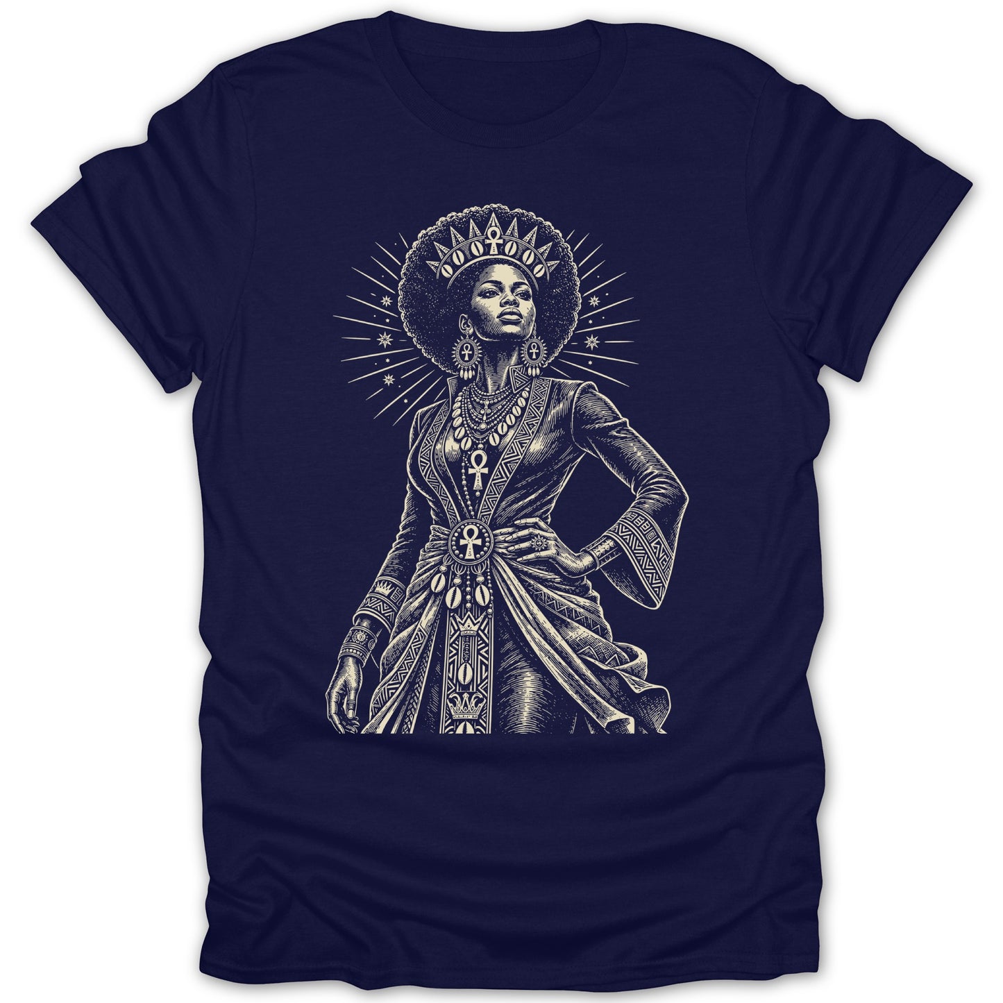 Black and white illustration of a queen with an afro, crown, and regal attire.