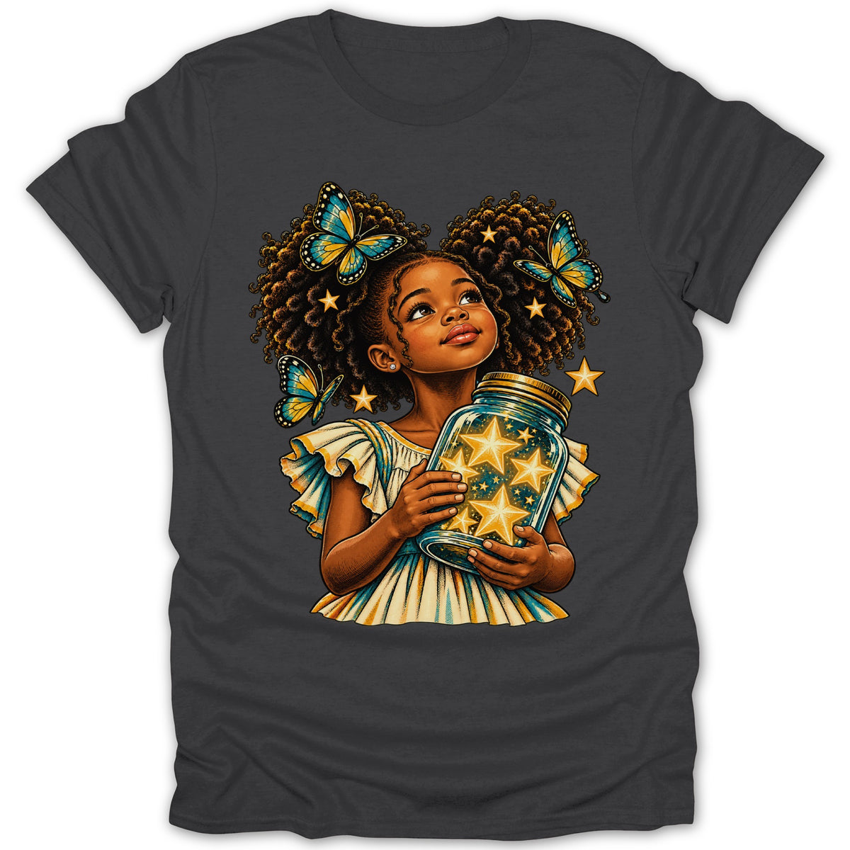 Girl holding a jar of stars with butterflies and stars around her head.