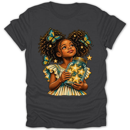 Girl holding a jar of stars with butterflies and stars around her head.