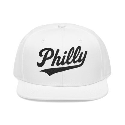 White snapback cap with "Philly" in black cursive script.