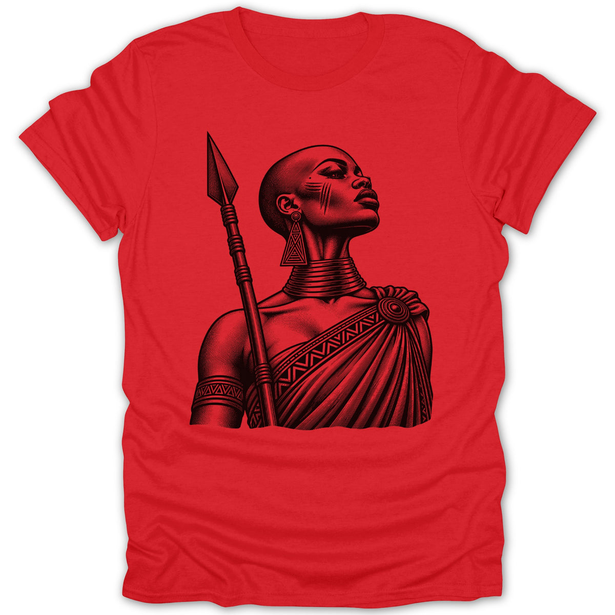 T-shirt with black ink illustration of a woman holding a spear.