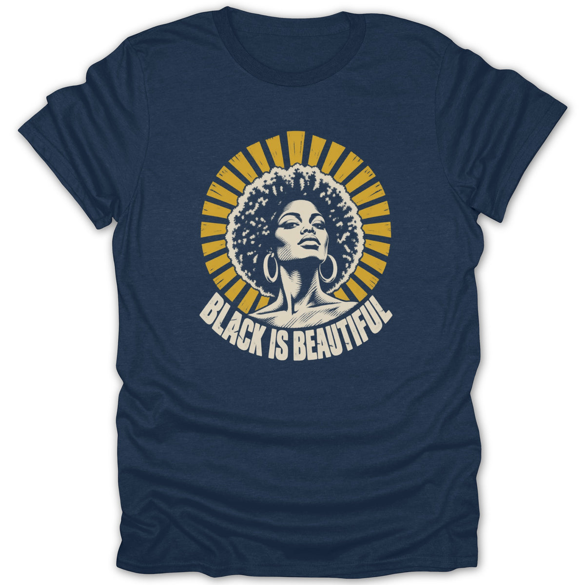 Dark blue t-shirt featuring a retro graphic of a Black woman with an afro and hoops under yellow sun rays, with text reading Black Is Beautiful.