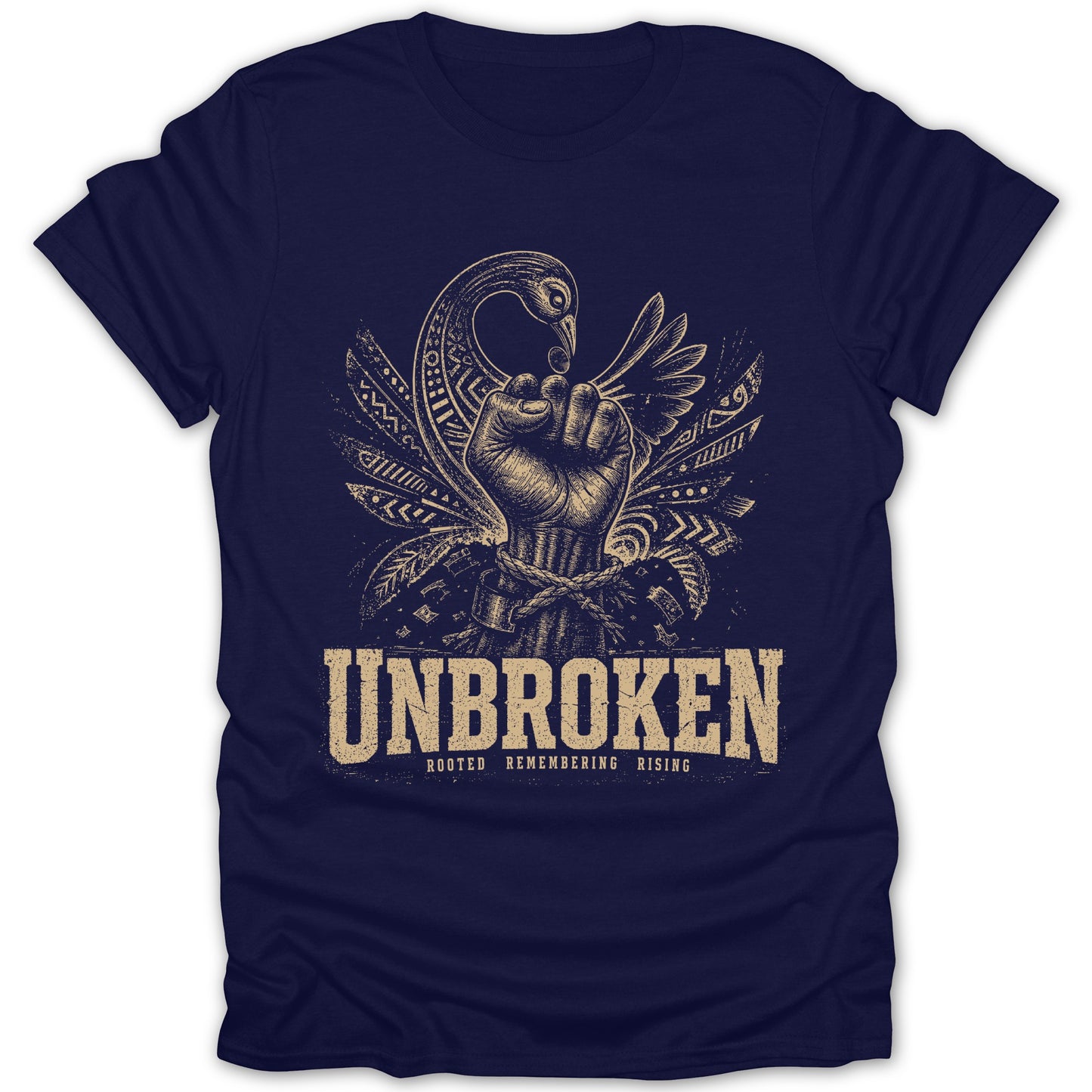 Fist with chains, bird, and wings graphic with text "UNBROKEN".