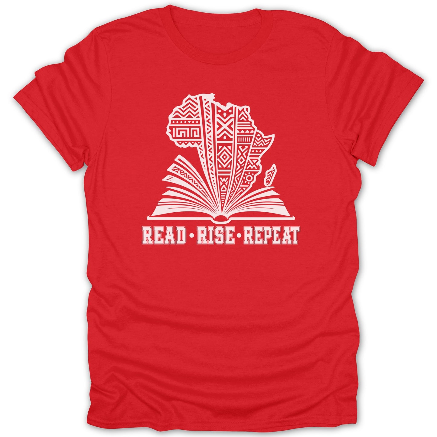 Red t-shirt with white graphic of Africa map and open book text READ RISE REPEAT.