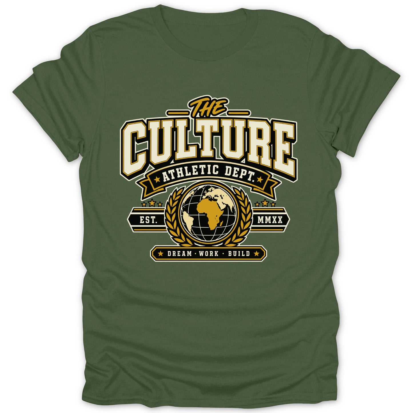 Green t-shirt with "THE CULTURE ATHLETIC DEPT. EST. MMXIV DREAM WORK BUILD" graphic.