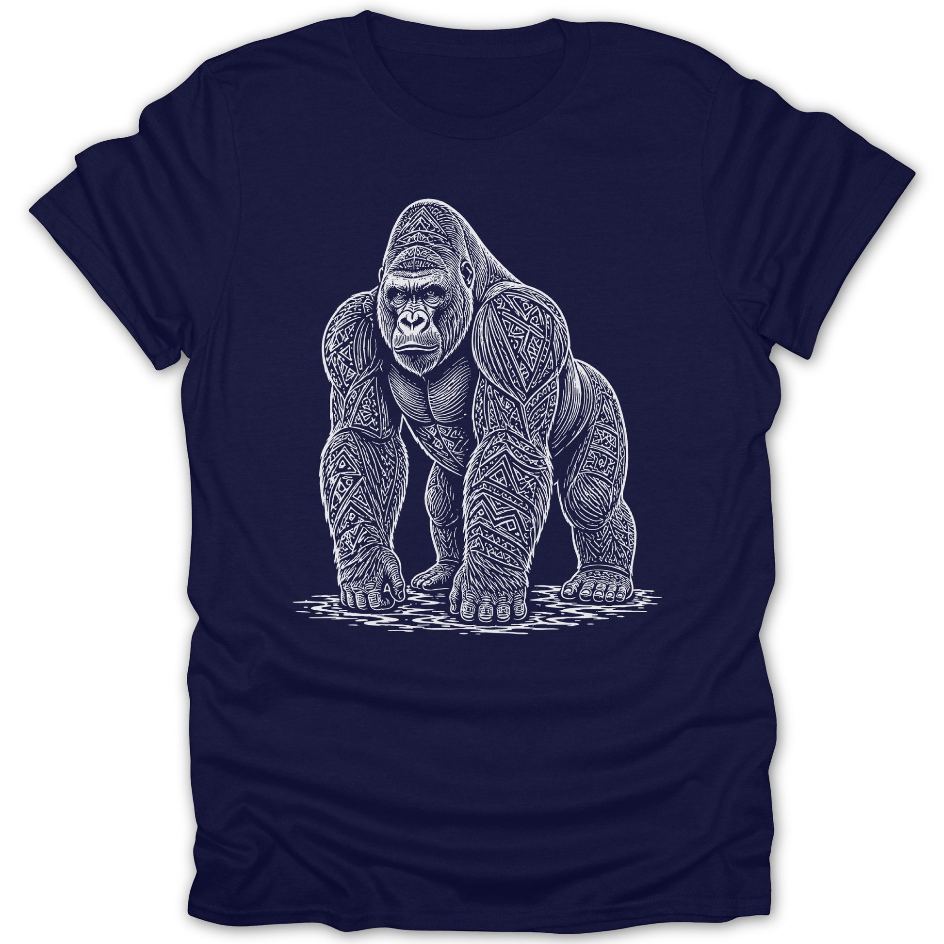 Gorilla with intricate tribal markings on a navy blue t-shirt