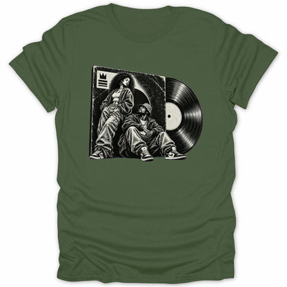 Graphic of two people sitting by a record and album cover with a crown logo.