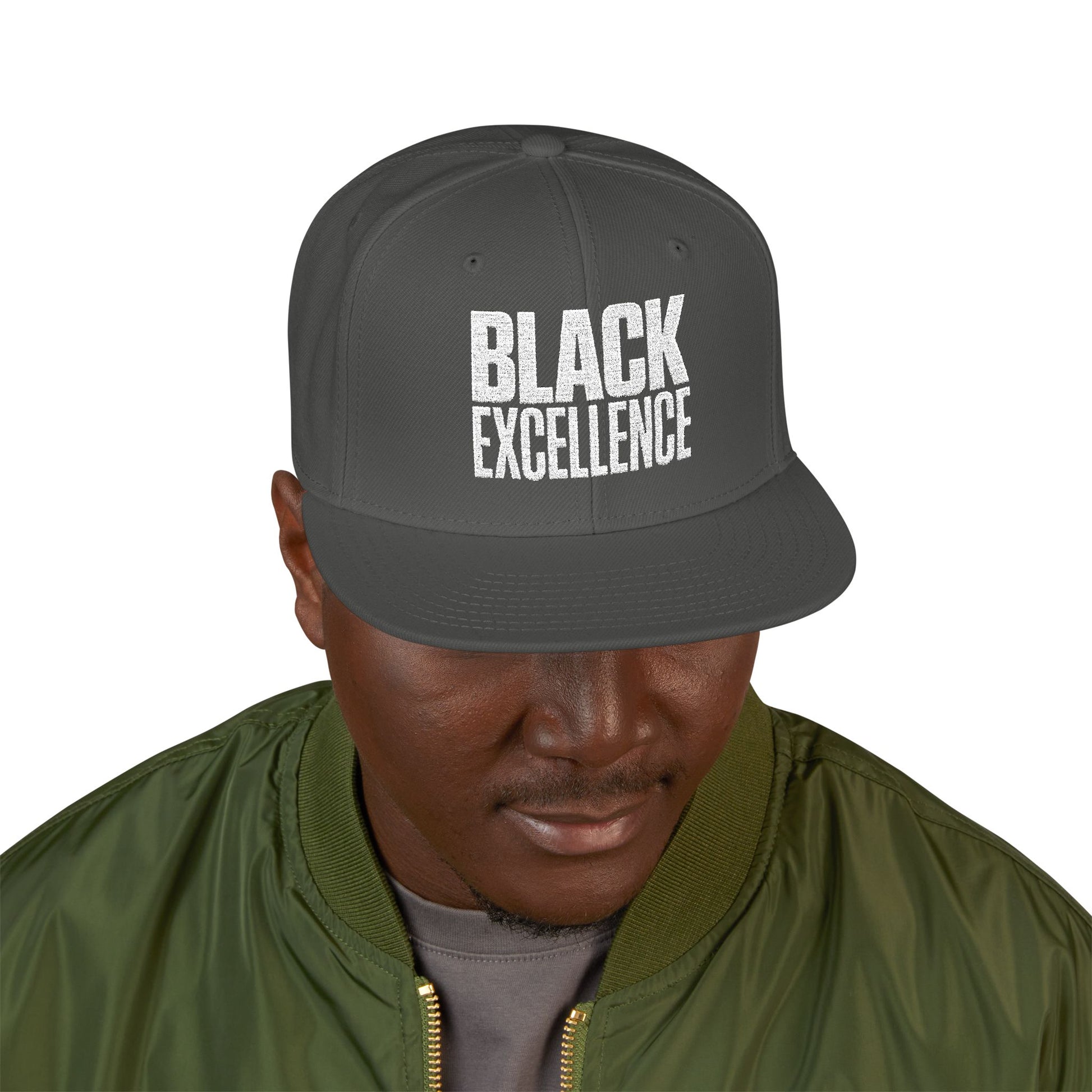 Dark gray flat-brimmed hat with white "BLACK EXCELLENCE" text.
