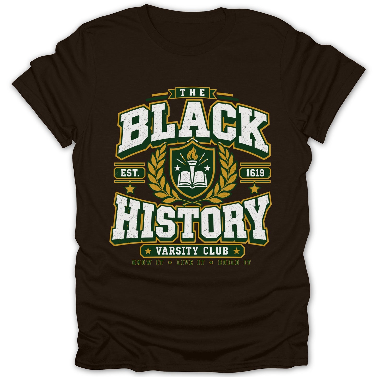 Brown t-shirt with "The Black History Varsity Club" text and shield design.