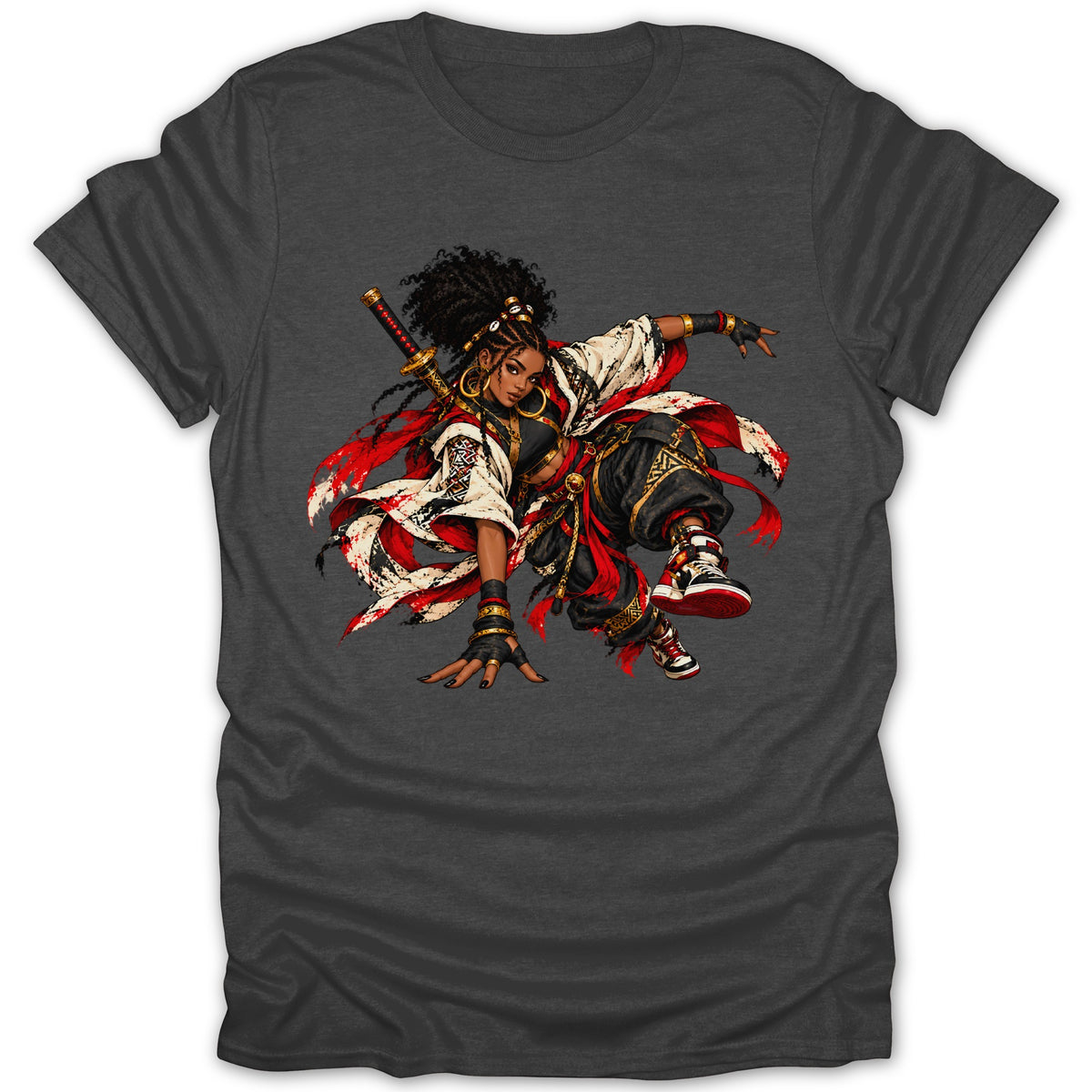 T-shirt with illustration of a Black female samurai in a dynamic pose with a sword.