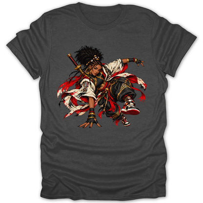 T-shirt with illustration of a Black female samurai in a dynamic pose with a sword.