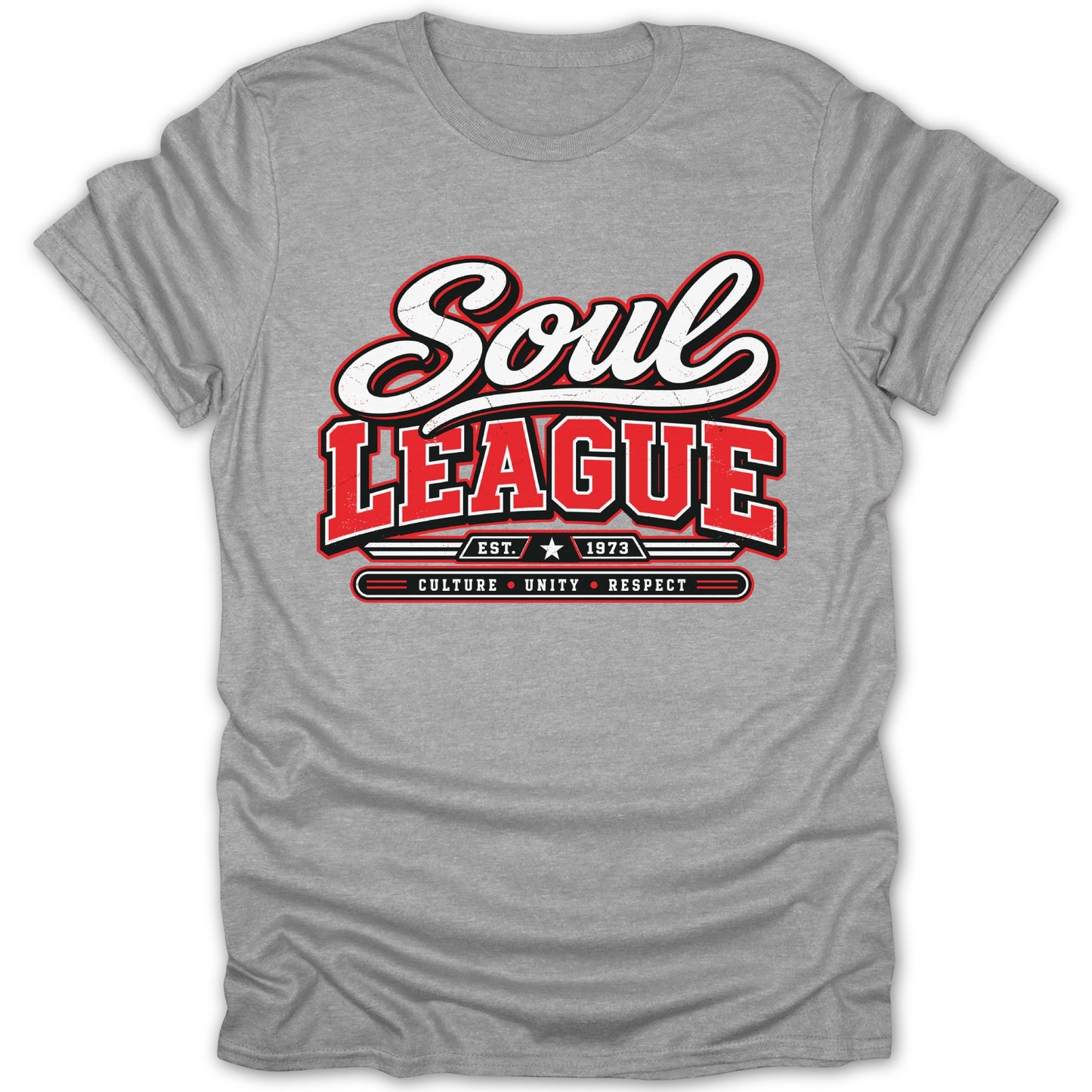 Grey t-shirt with "Soul League Est. 1973 Culture Unity Respect" graphic.