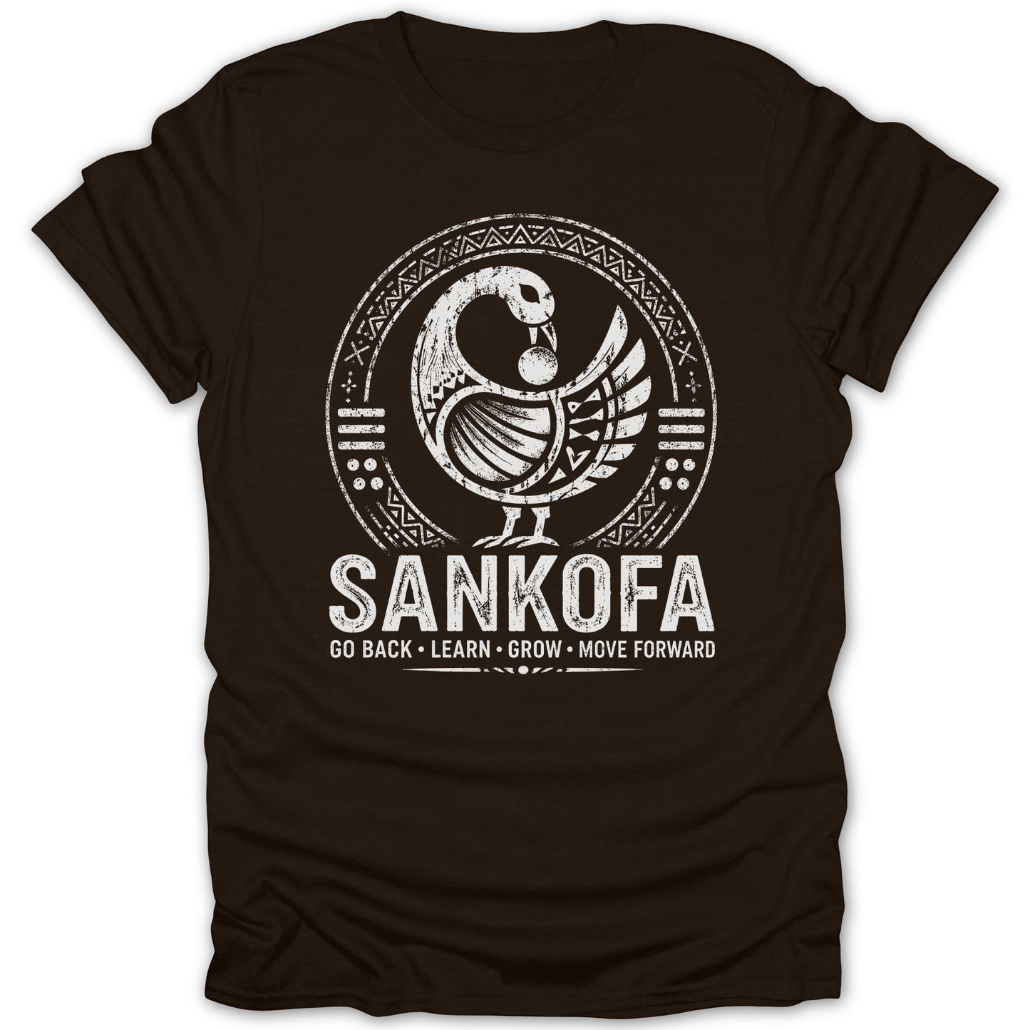 Brown t-shirt with Sankofa symbol and text "Go back, learn, grow, move forward."