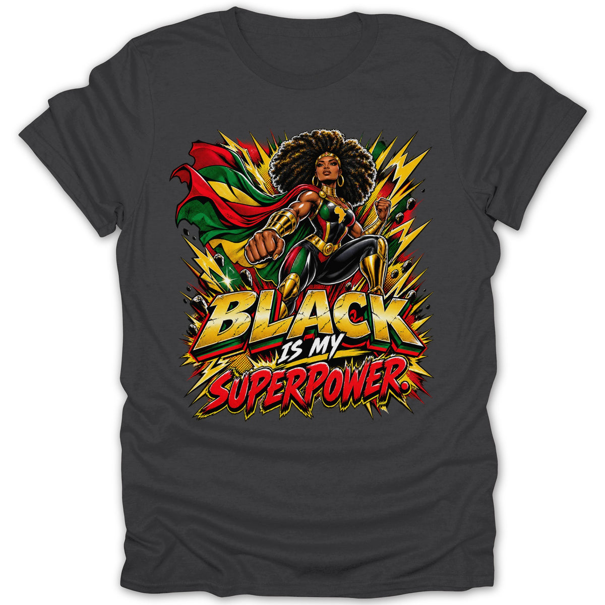 Illustration of a superhero with a cape and the text "BLACK IS MY SUPERPOWER."
