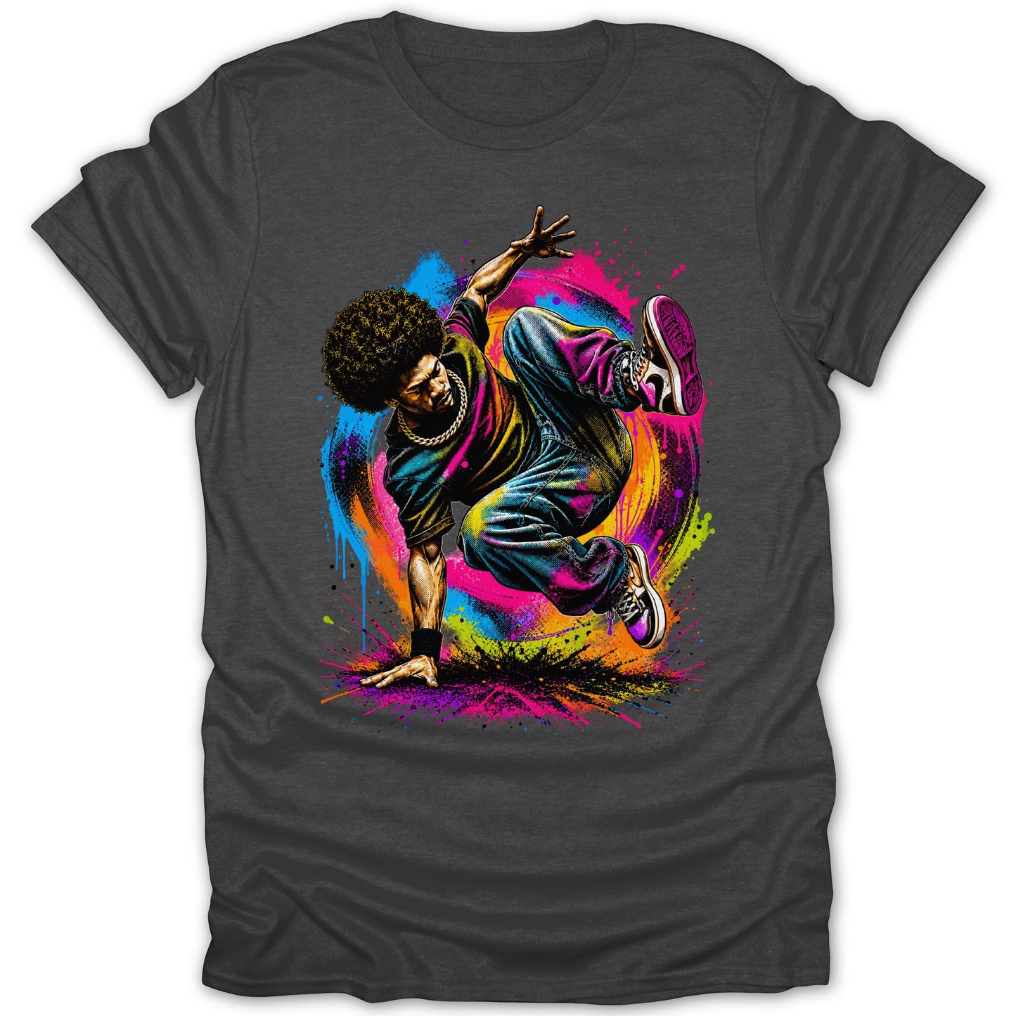 Breakdancer with afro and chain in vibrant paint splatter on a dark t-shirt.