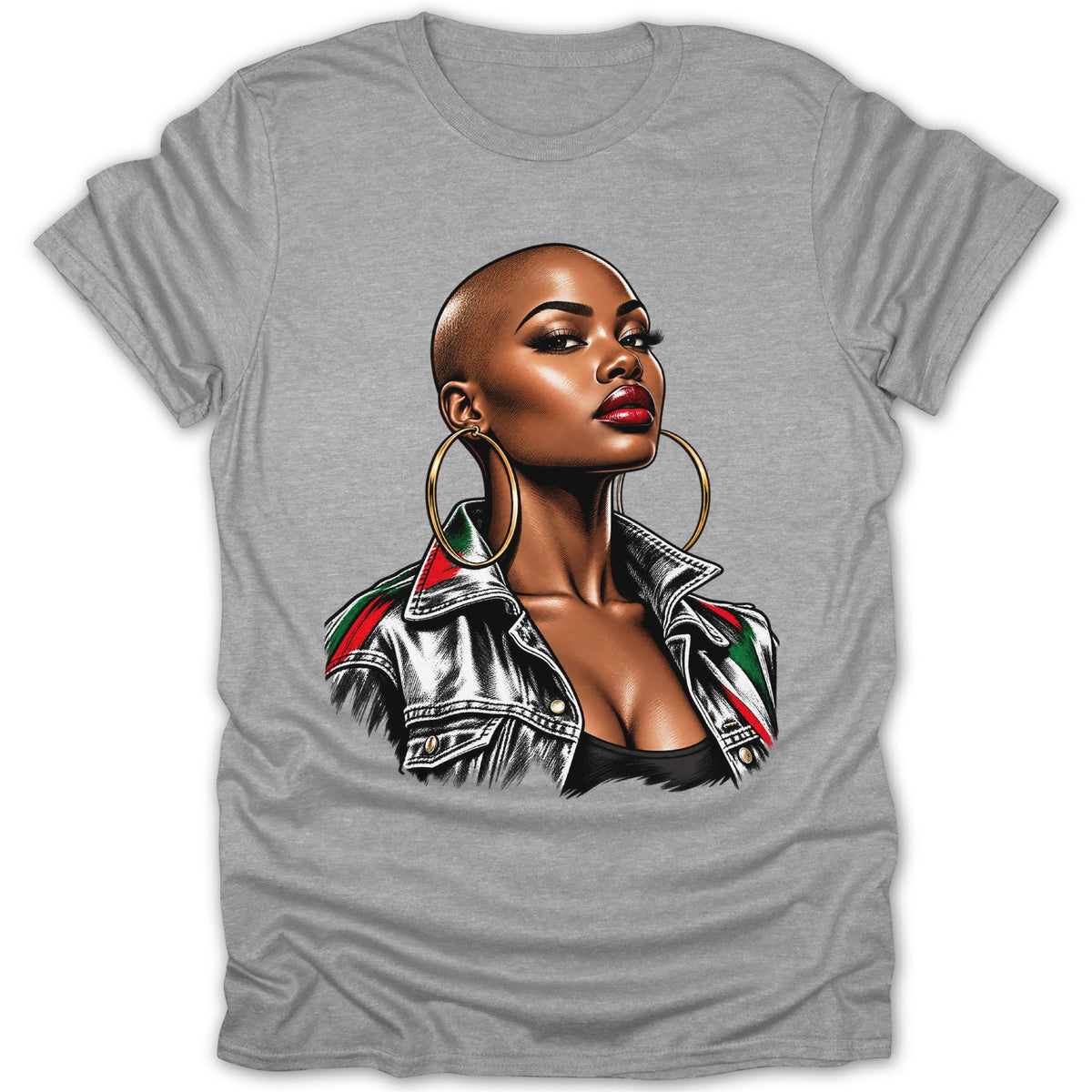 Illustration of a bald woman with large gold hoop earrings and a denim jacket.