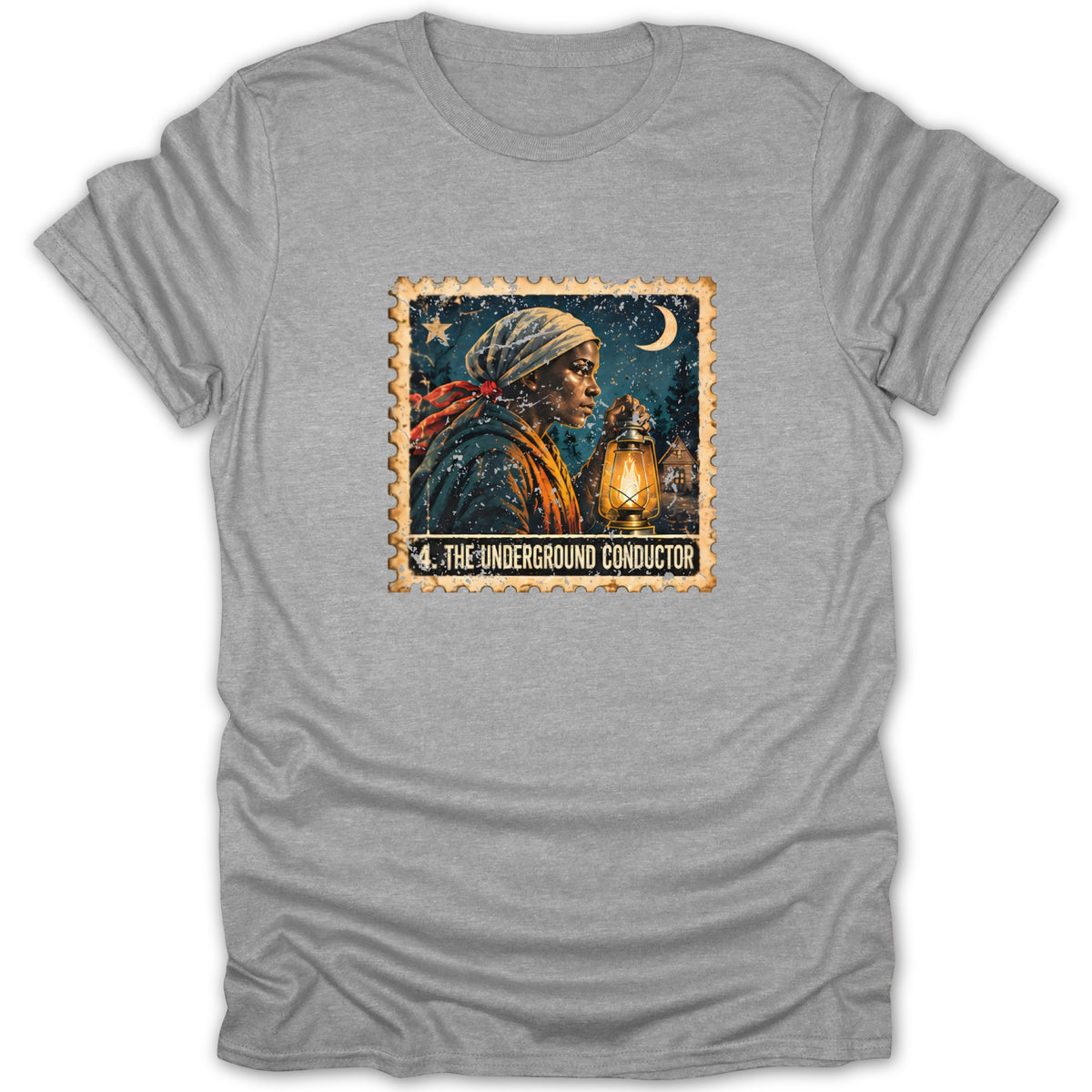 A grey t-shirt featuring a postage stamp graphic titled The Underground Conductor depicting a woman holding a lantern.