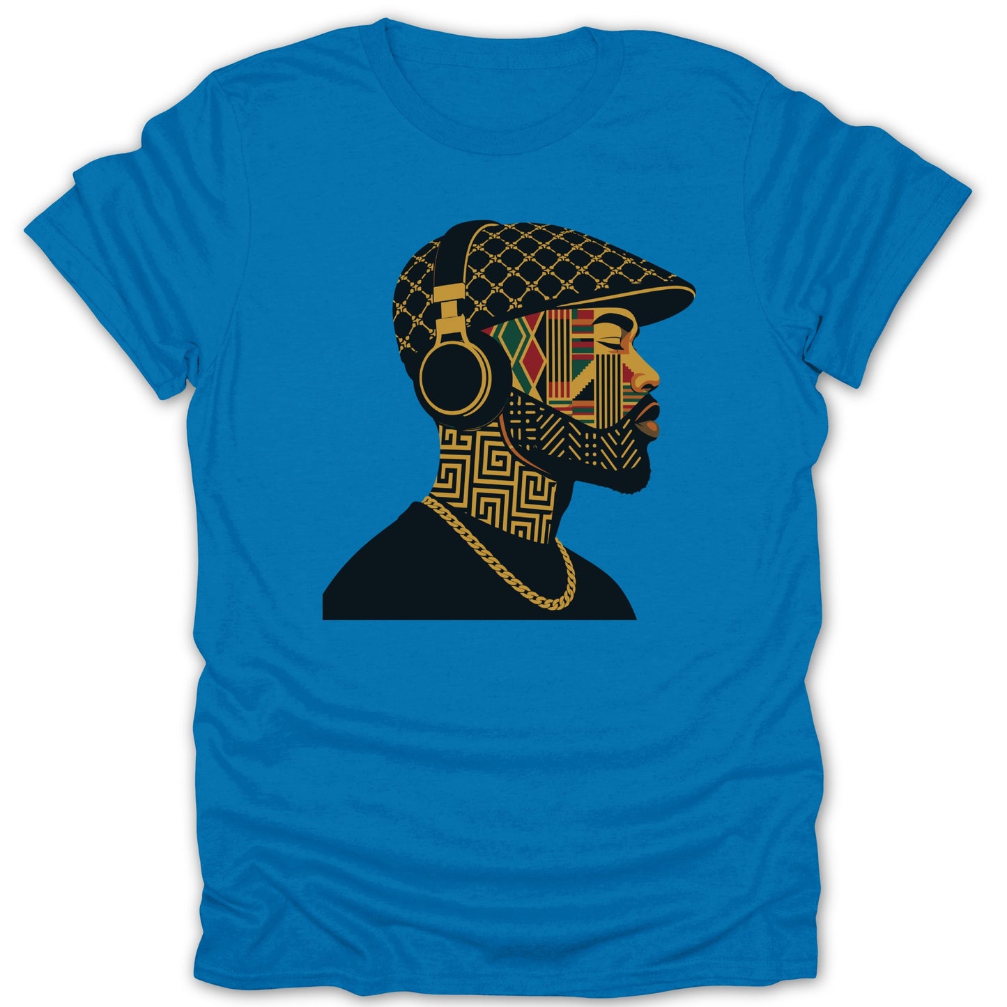 Blue t-shirt with a man's profile wearing headphones and a patterned cap.