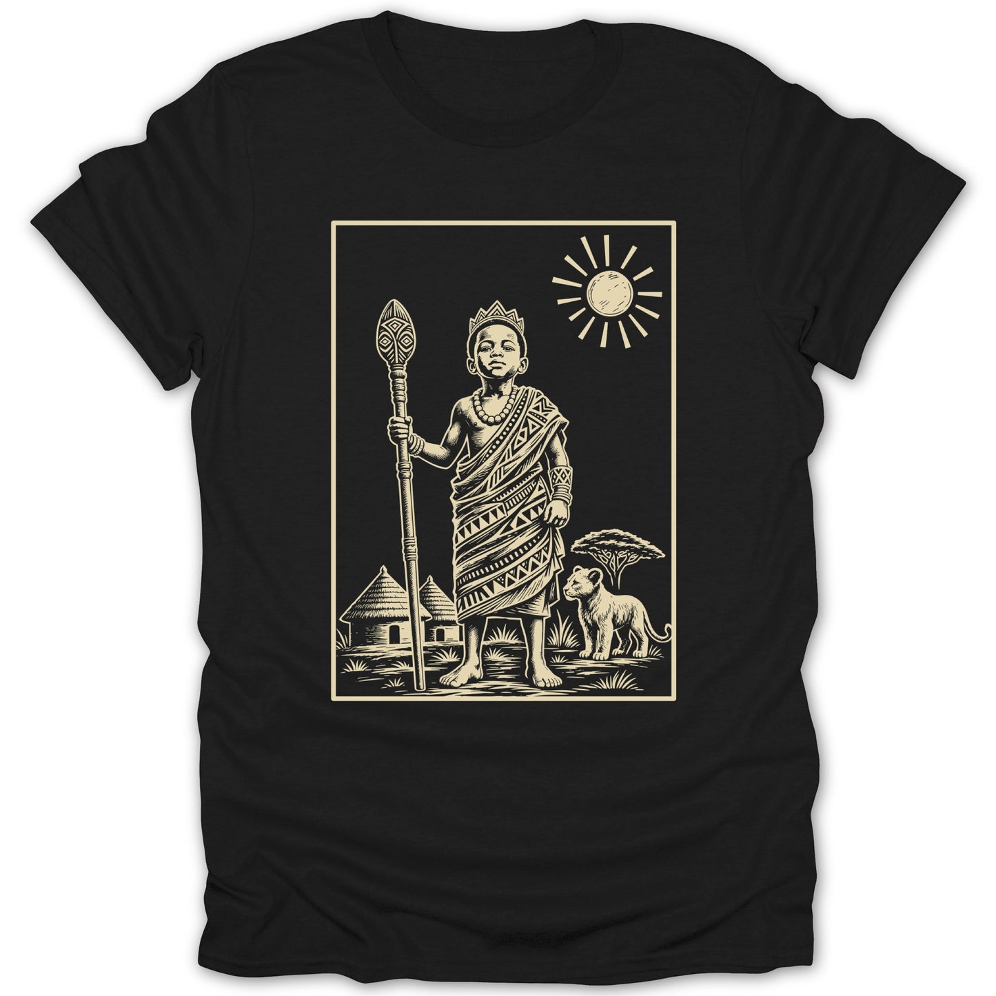 Black t-shirt with line drawing of a crowned boy with staff, huts, lion, and sun.