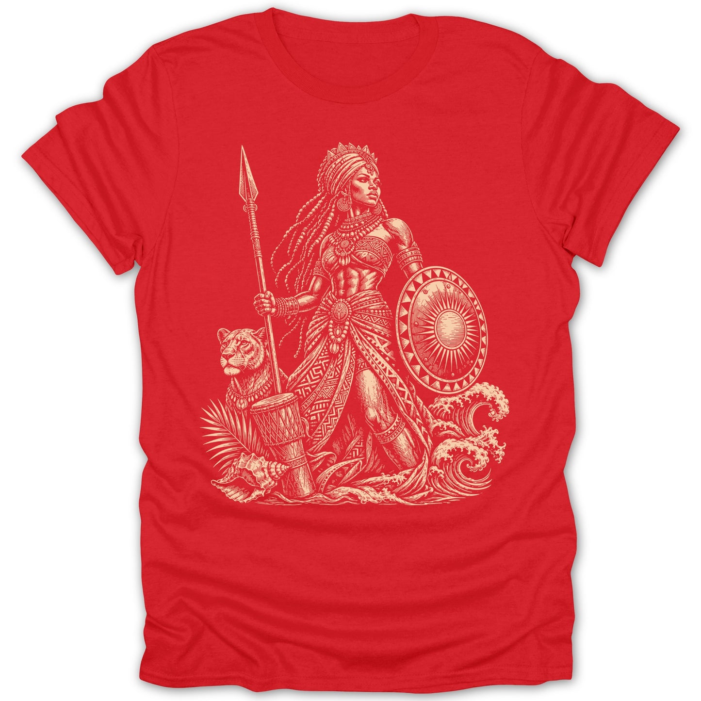 Illustration of a warrior woman with a spear and shield, near a lion and drum.