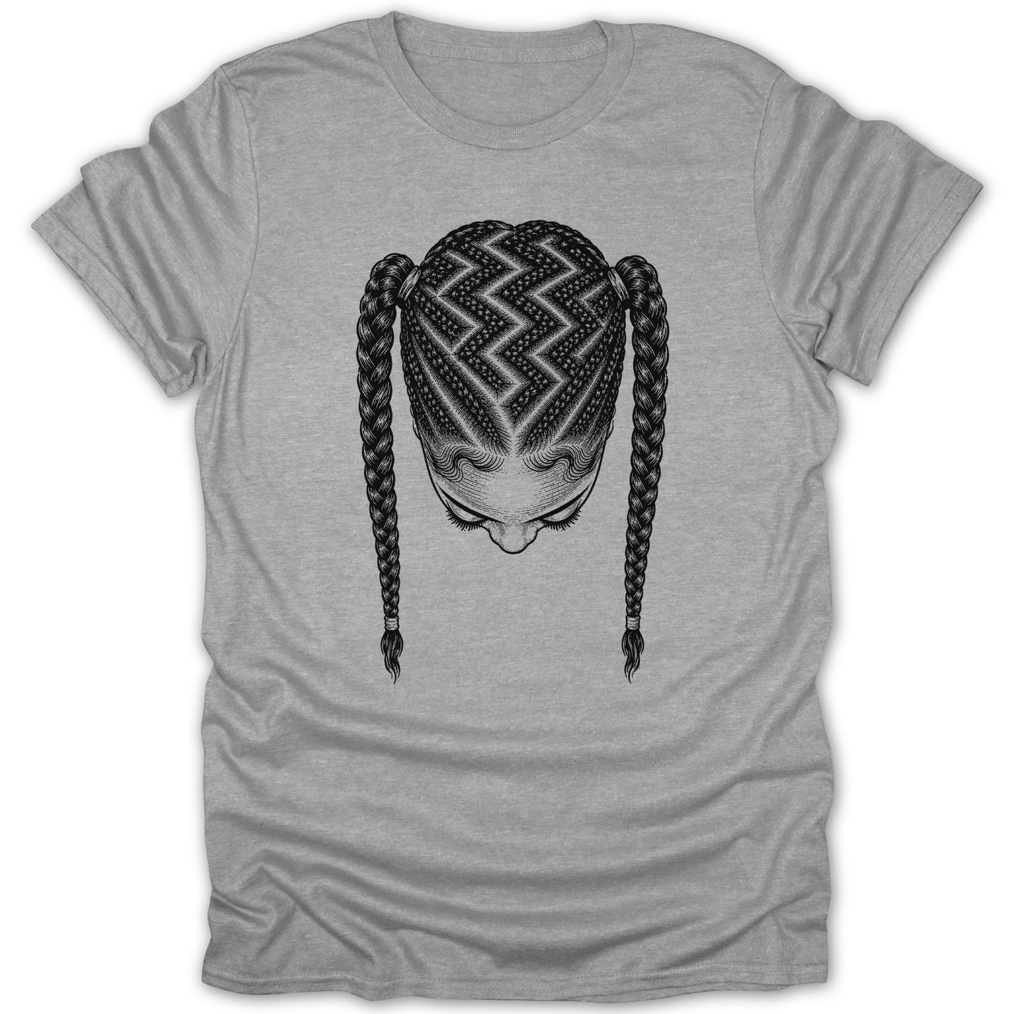 T-shirt featuring a detailed black and white illustration of a woman's braided hairstyle.