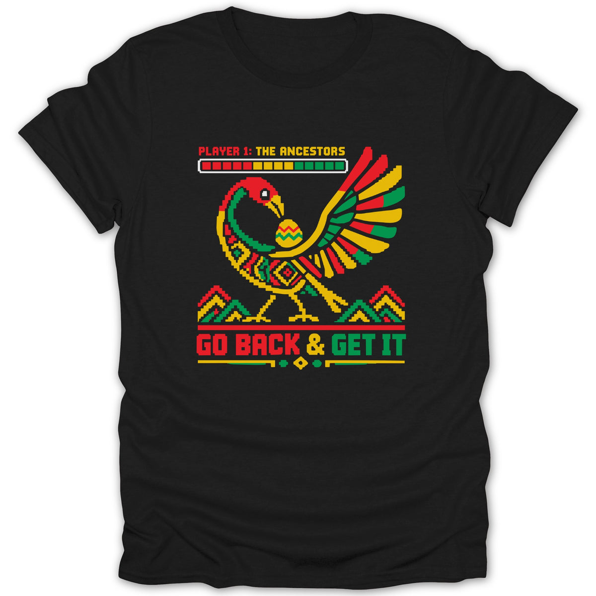 Pixelated bird design with "PLAYER 1: THE ANCESTORS" and "GO BACK & GET IT" text.