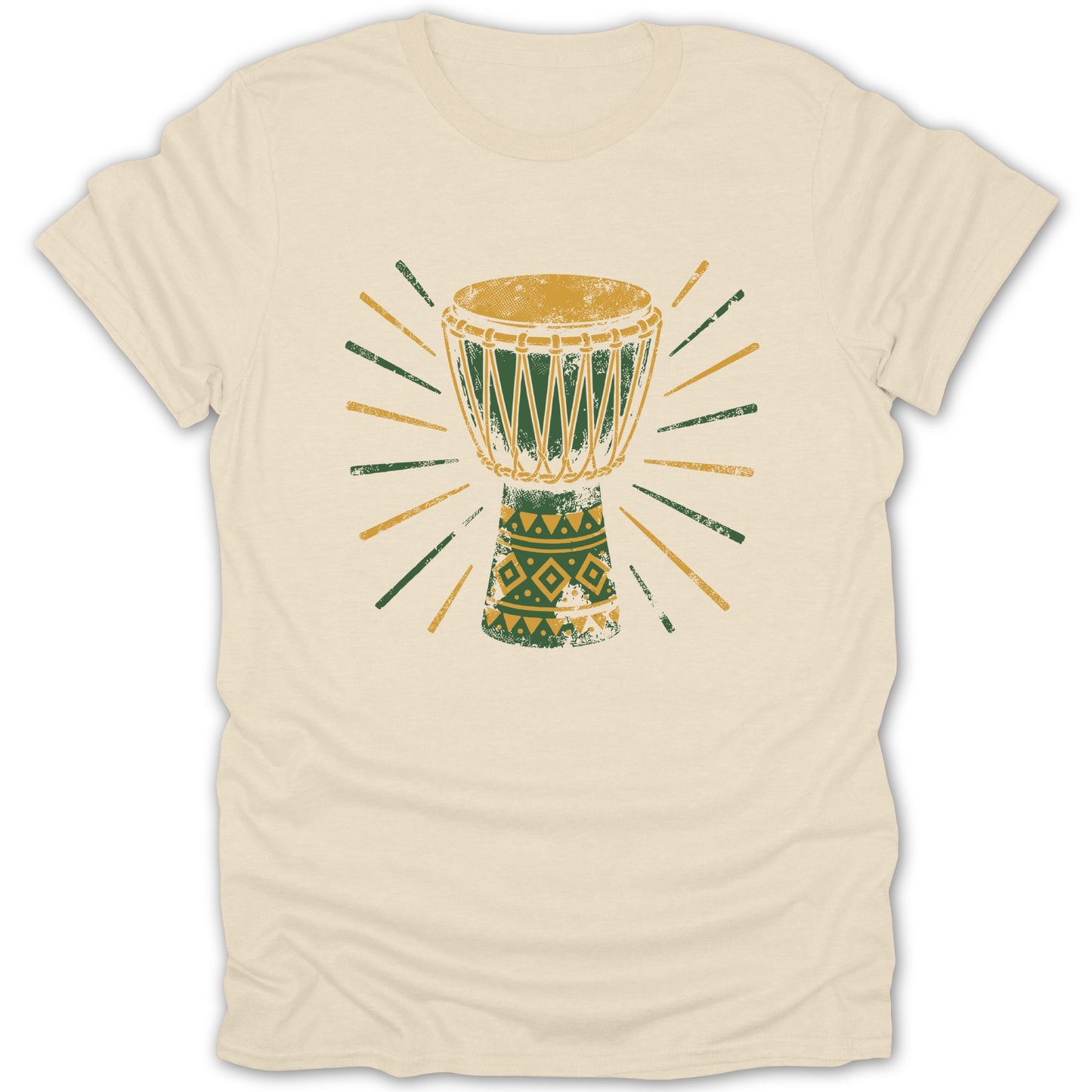 Djembe drum graphic with radiating lines on a cream t-shirt.