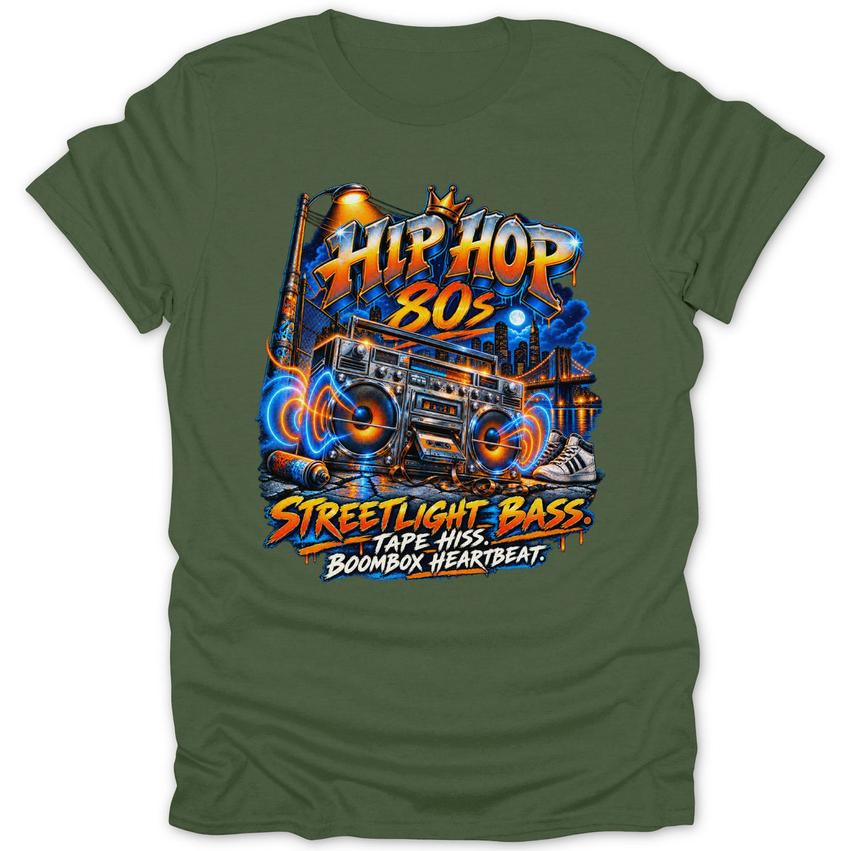Graphic tee with "Hip Hop 80s Streetlight Bass" text and a boombox.