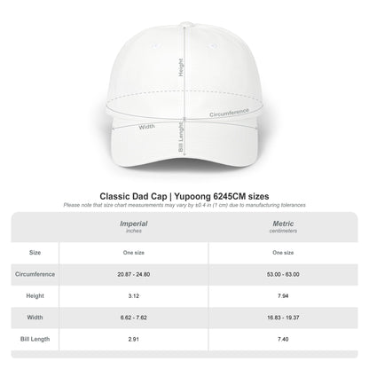 Yupoong Classic Dad Cap 6245CM size chart with imperial and metric measurements.