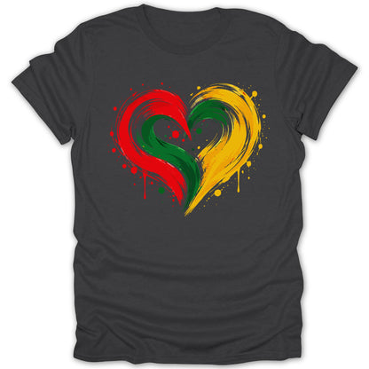 Dark t-shirt with a heart graphic in red, green, and yellow brush strokes.